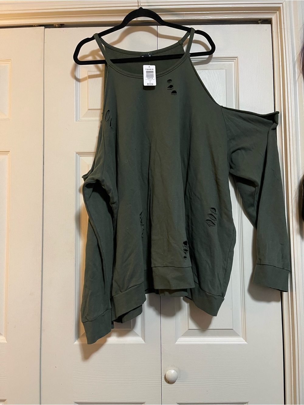 torrid Olive Green Distressed Cold-Shoulder Sweatshirt